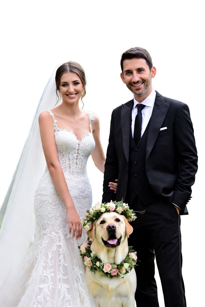 Happy bride and groom with their dog on their wedding day